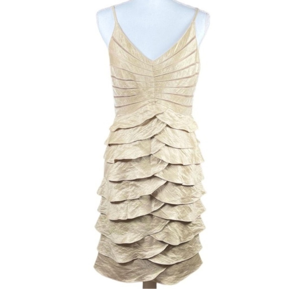 Adrianna Papell champagne gold spaghetti strap tiered formal cocktail dress